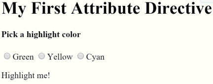 Animated gif of the refactored highlight directive changing color according to the radio button the user selects