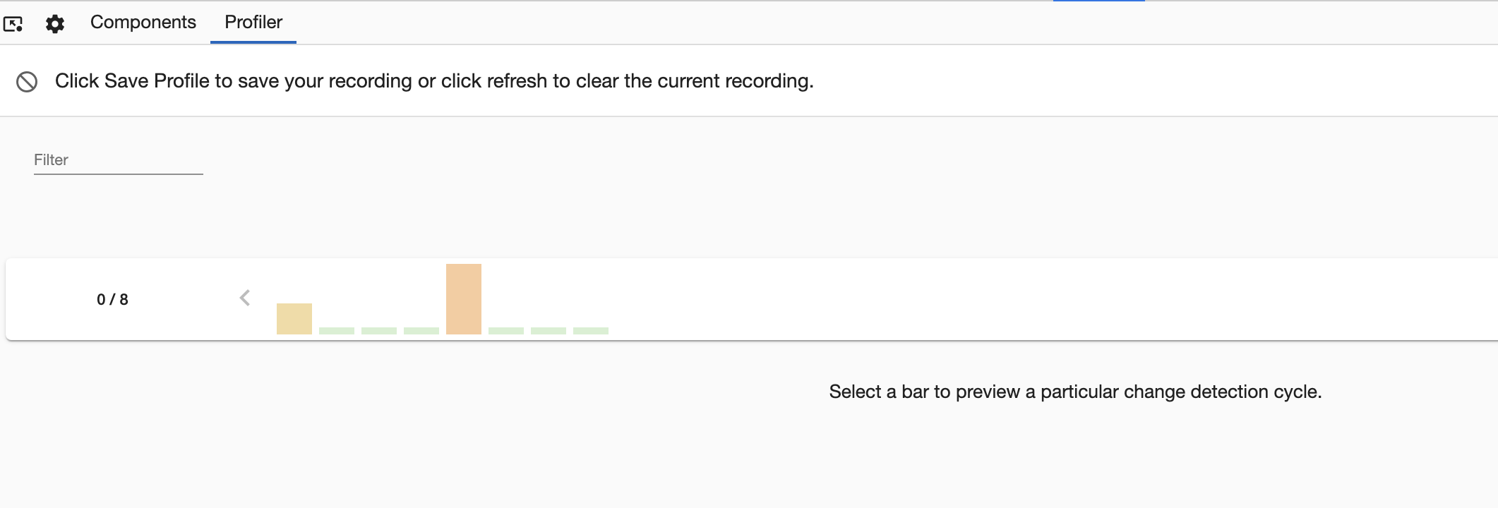 A screenshot of the 'Profiler' tab after a profile has been recorded or uploaded. It displays a bar chart illustrating various change detection cycles with some text which reads 'Select a bar to preview a particular change detection cycle'.