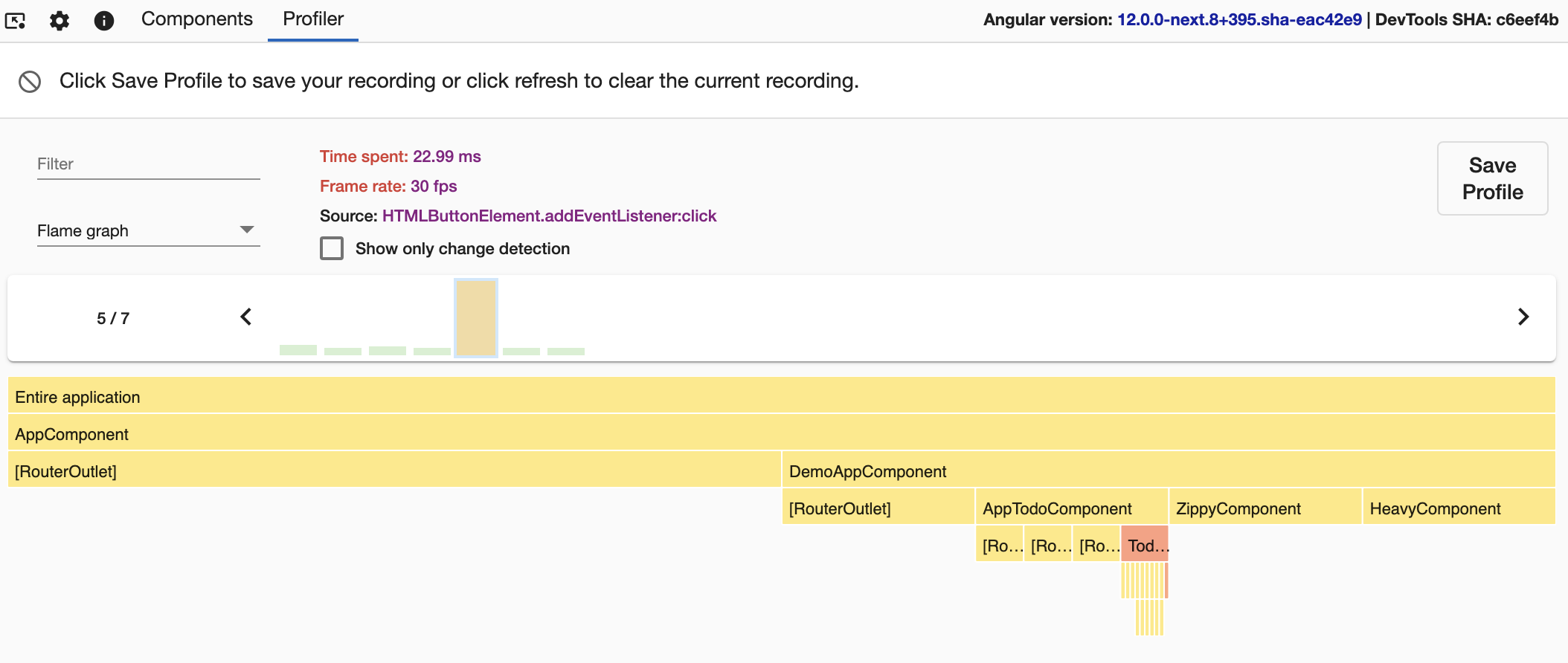 A screenshot of the 'Profiler' tab. A single bar has been selected by the user and a nearby dropdown menu now displays 'Flame graph', showing a flame graph underneath it. The flame graph starts with a row called 'Entire application' and another row called 'AppComponent'. Beneath those, the rows start to break up into multiple items, starting with `[RouterOutlet]` and `DemoAppComponent` on the third row. A few layers deep, one cell is highlighted red.