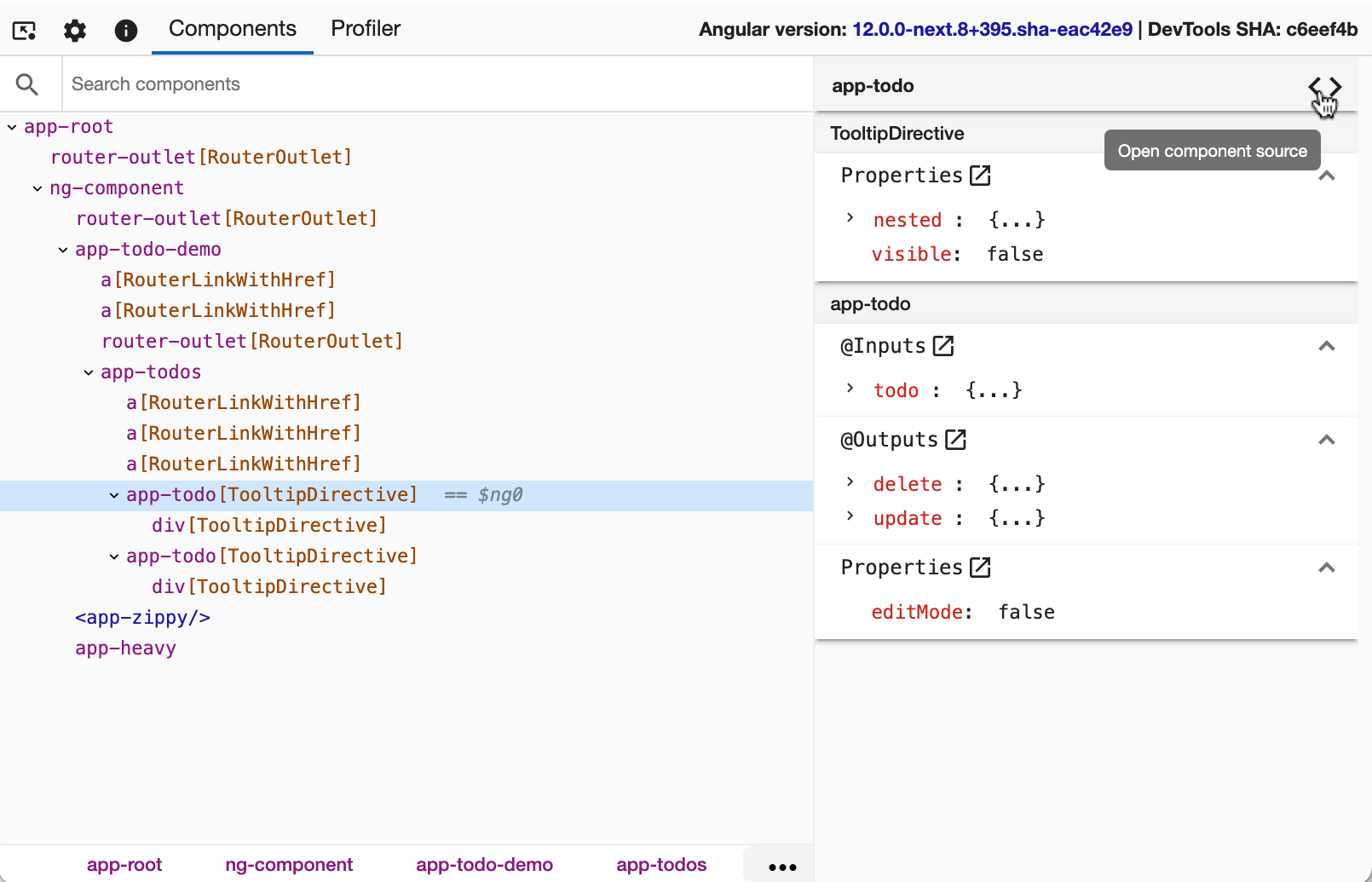 A screenshot of the 'Components' tab. The properties view on the right is visible for a component and the mouse rests in the upper right corner of that view on top of a `<>` icon. An adjacent tooltip reads 'Open component source'.