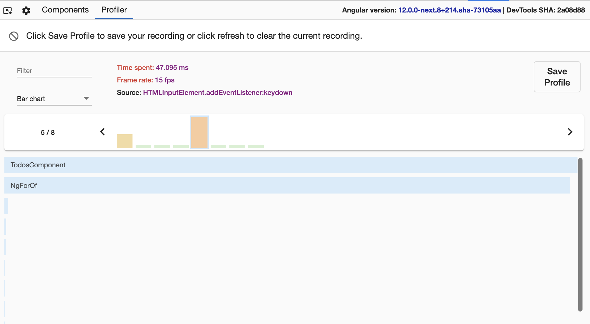 A screenshot of the 'Profiler' tab. A single bar has been selected by the user and a nearby dropdown menu displays 'Bar chart`, showing a second bar chart underneath it. The new chart has two bars which take up the majority of the space, one labeled `TodosComponent` and the other labeled `NgForOf`. The other bars are small enough to be negligible in comparison.