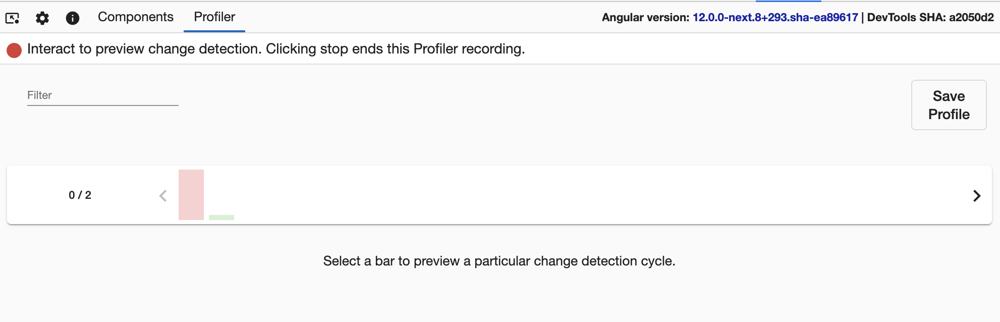 A screenshot of the 'Profiler' tab displaying change detection cycles. On the right side a 'Save Profile' button is visible.