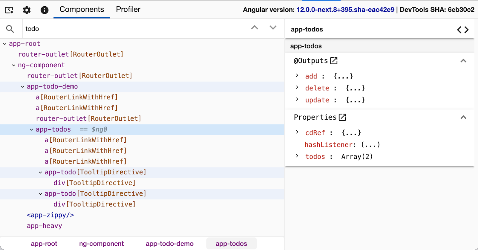 A screenshot of the 'Components' tab. The filter bar immediately underneath the tab is searching for 'todo' and all components with 'todo' in the name are highlighted in the tree. `app-todos` is currently selected and a sidebar to the right displays information about the component's properties. This includes a section of `@Output` fields and another section for other properties.