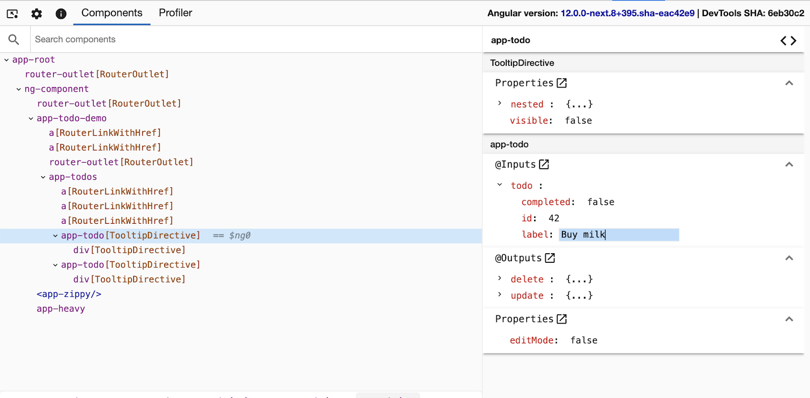 A screenshot of the 'Components' tab with the properties view open for a component. An `@Input` named `todo` contains a `label` property which is currently selected and has been manually updated to the value 'Buy milk'.