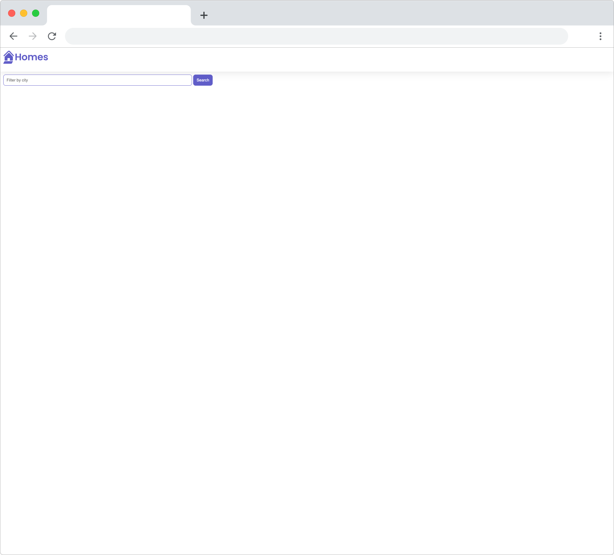browser frame of homes-app displaying logo, filter text input box and search button